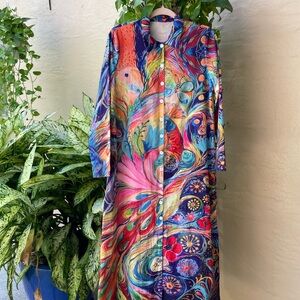 Colorful Abstract Peacock Print by Artist Elena Kotiarker Maxi Dress/Kaftan Med